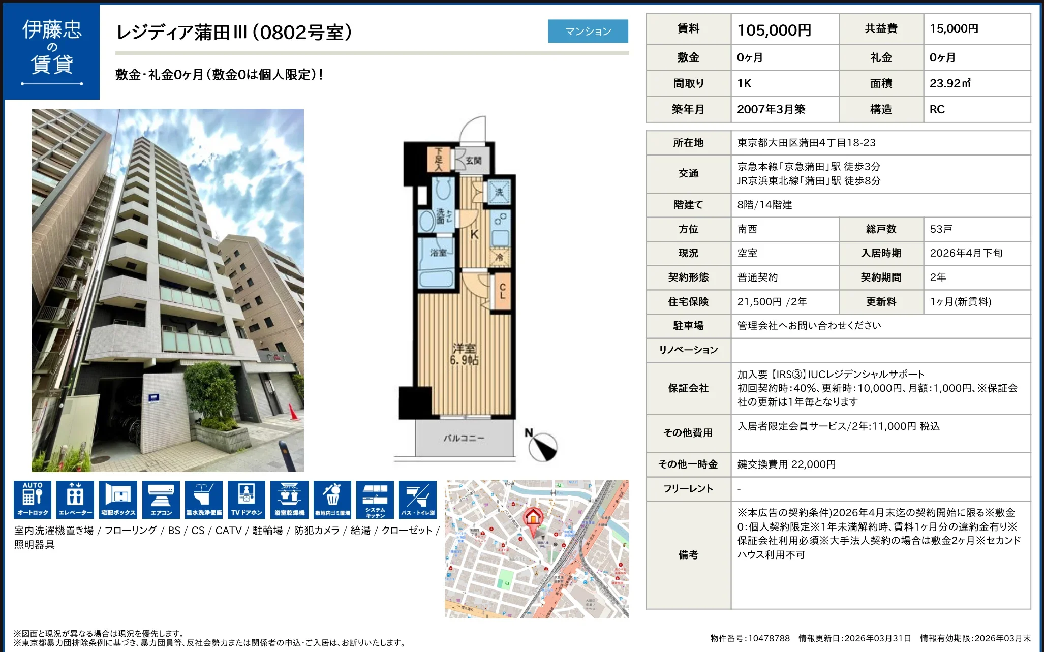レジディア蒲田 III 0802号 0
