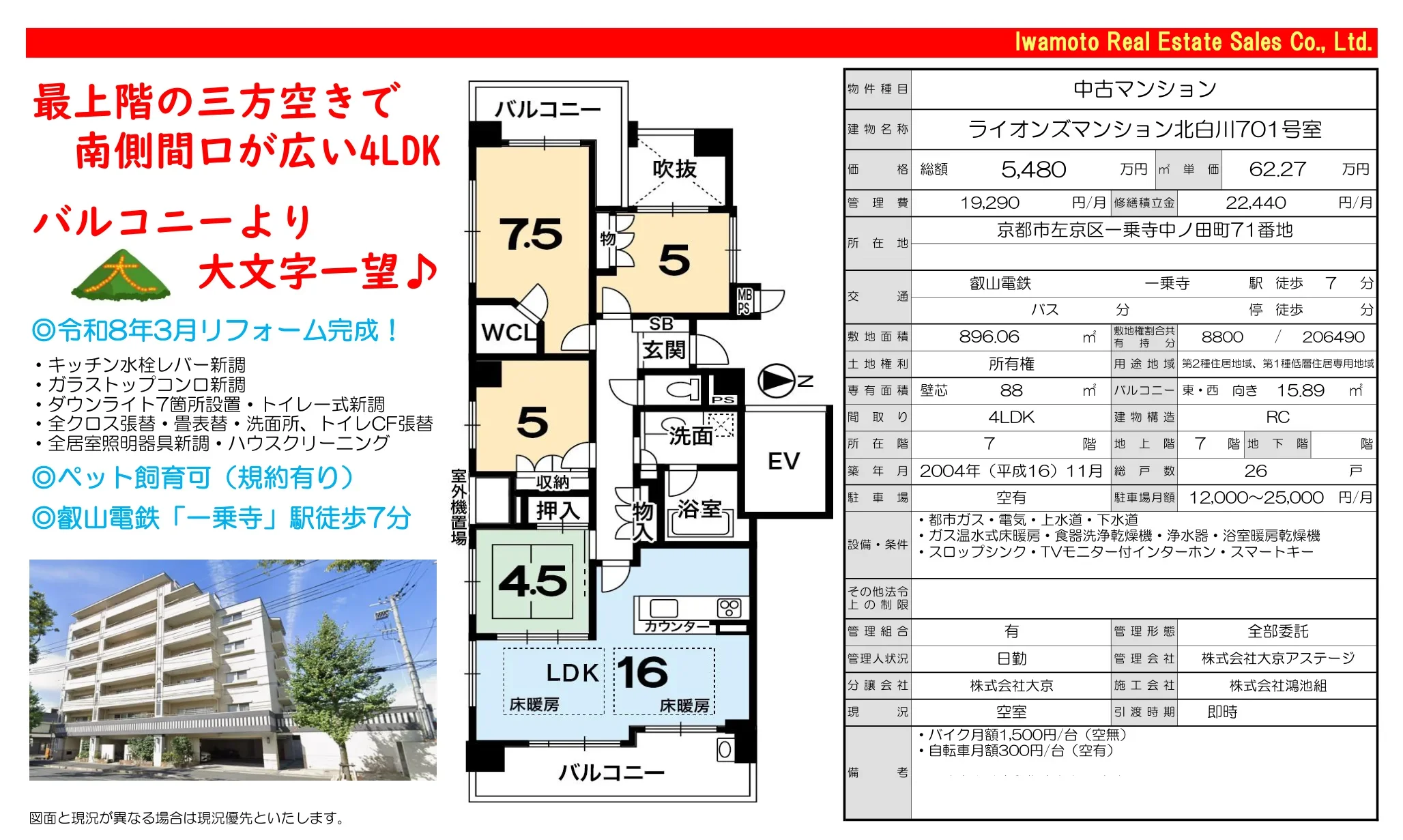 ライオンズマンション北白川701号室 701号 0