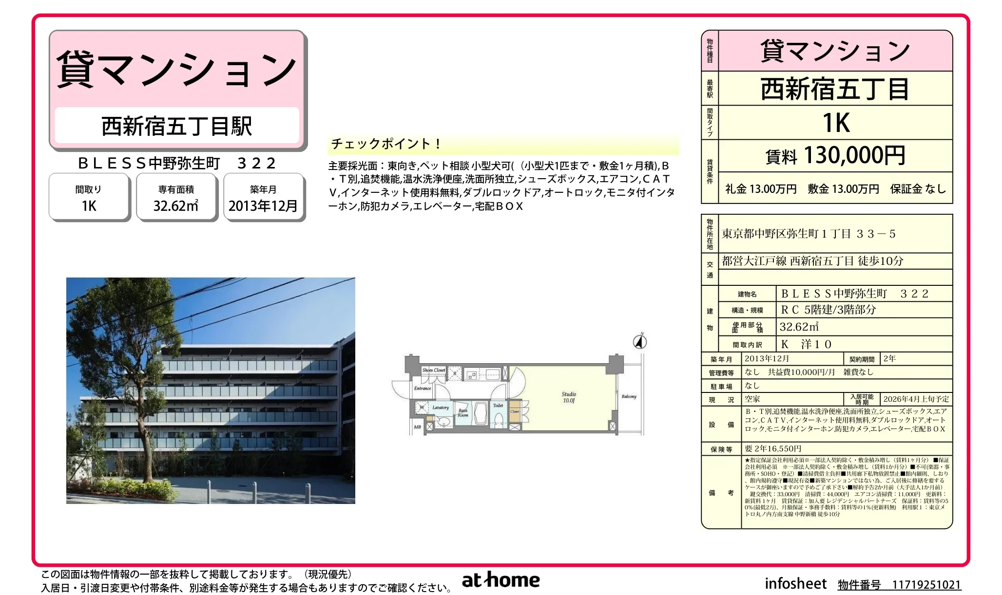 BLESS 中野弥生町 322 1K 0