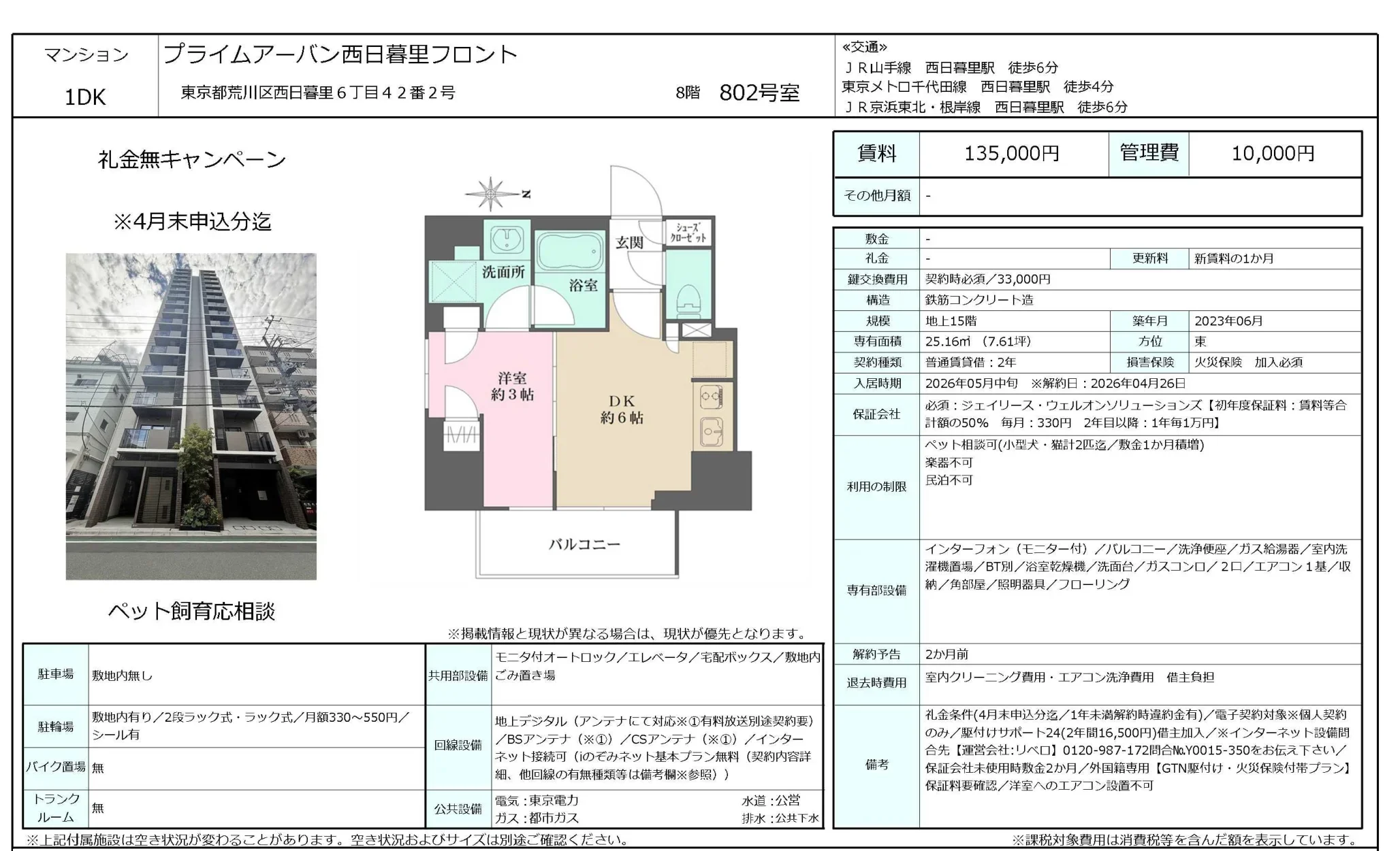 マンション プライムアーバン西日暮里フロント 802号 0