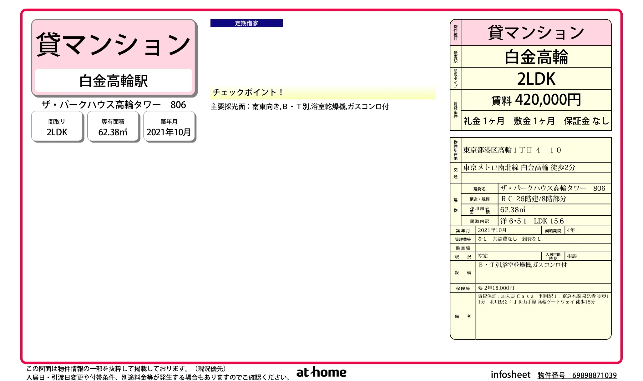 ザ・パークハウス高輪タワー 806 806 0
