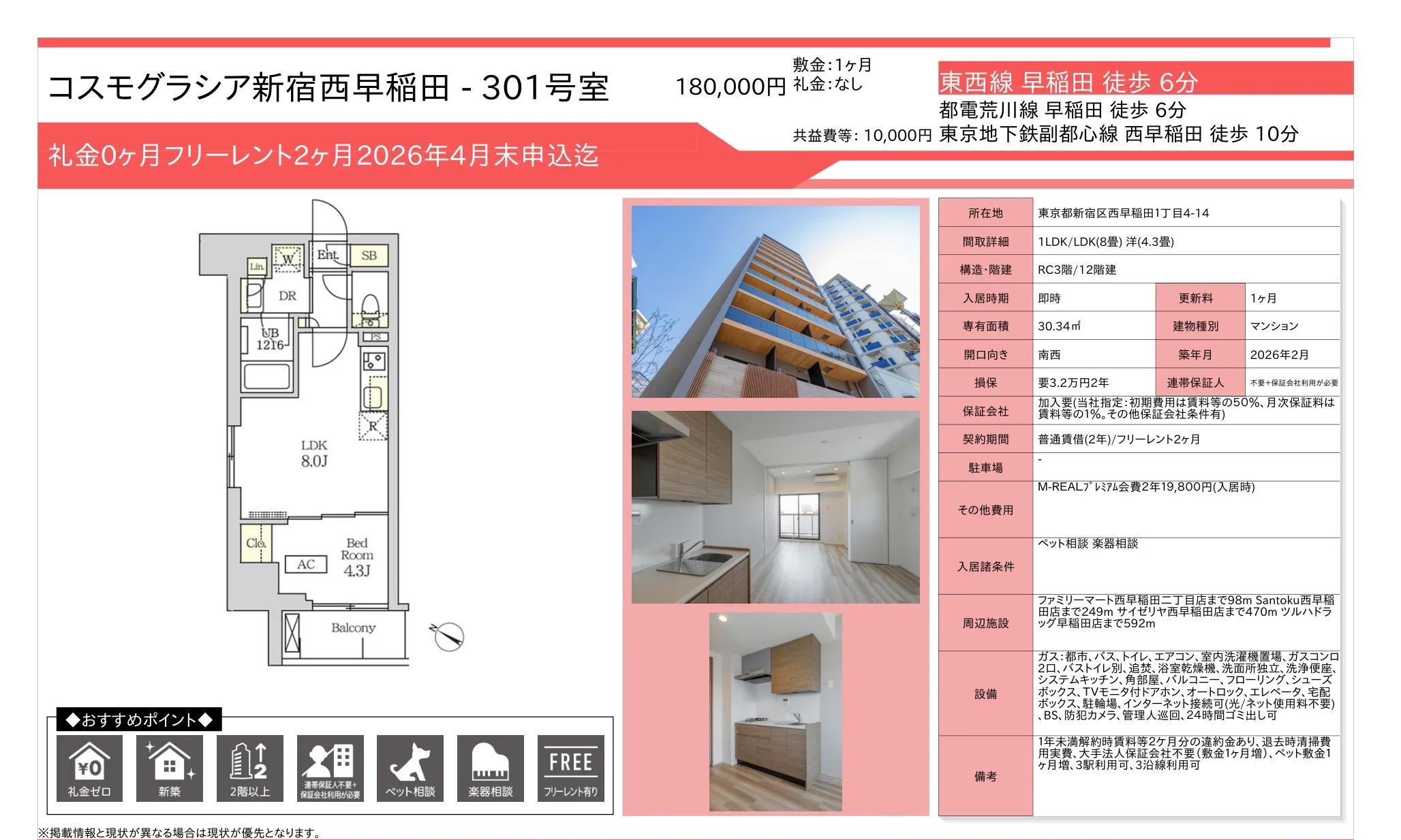 コスモグラシア新宿西早稲田301号室 301号 0
