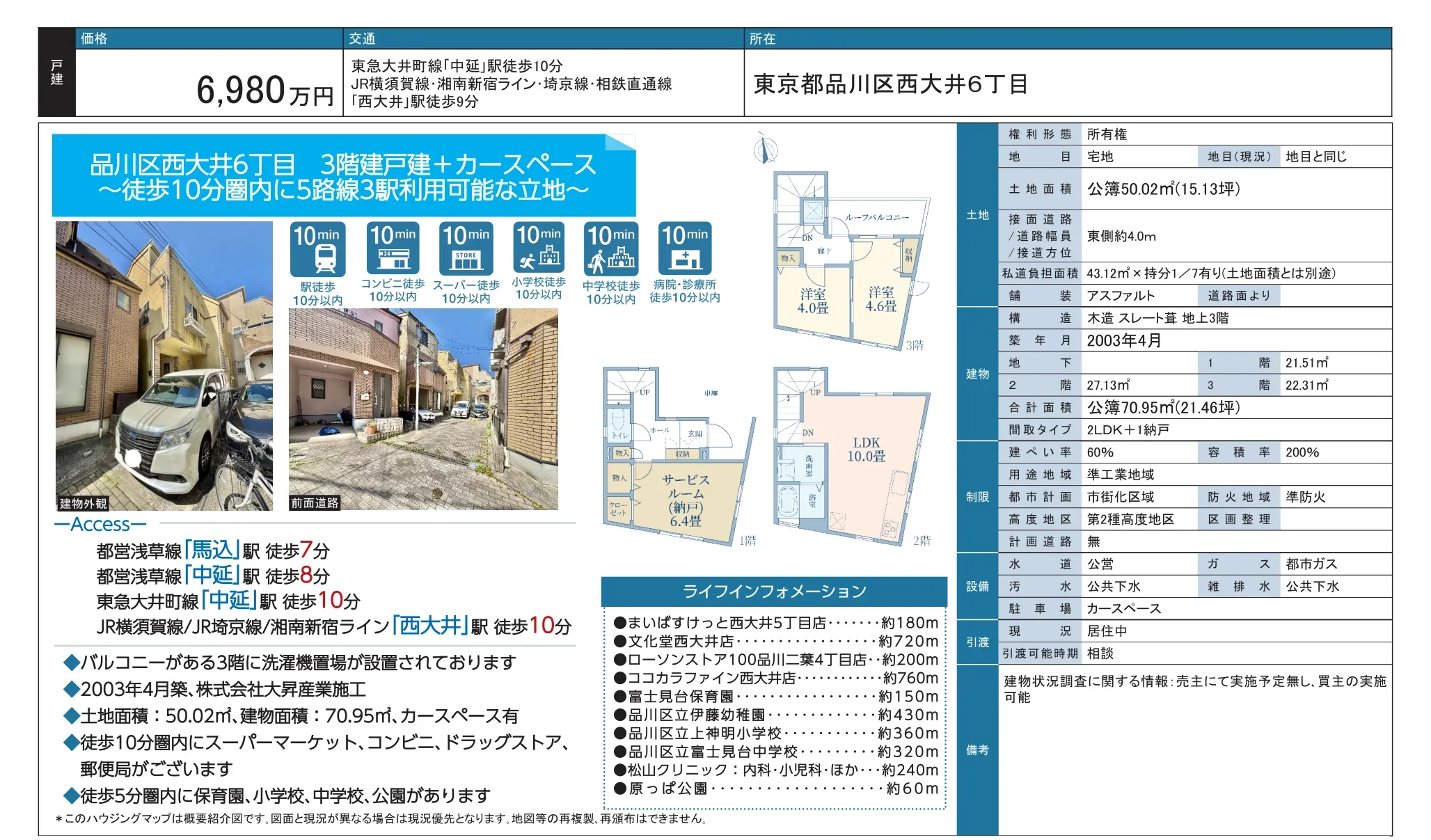 品川区西大井6丁目 3階建戸建 + カースペース 0