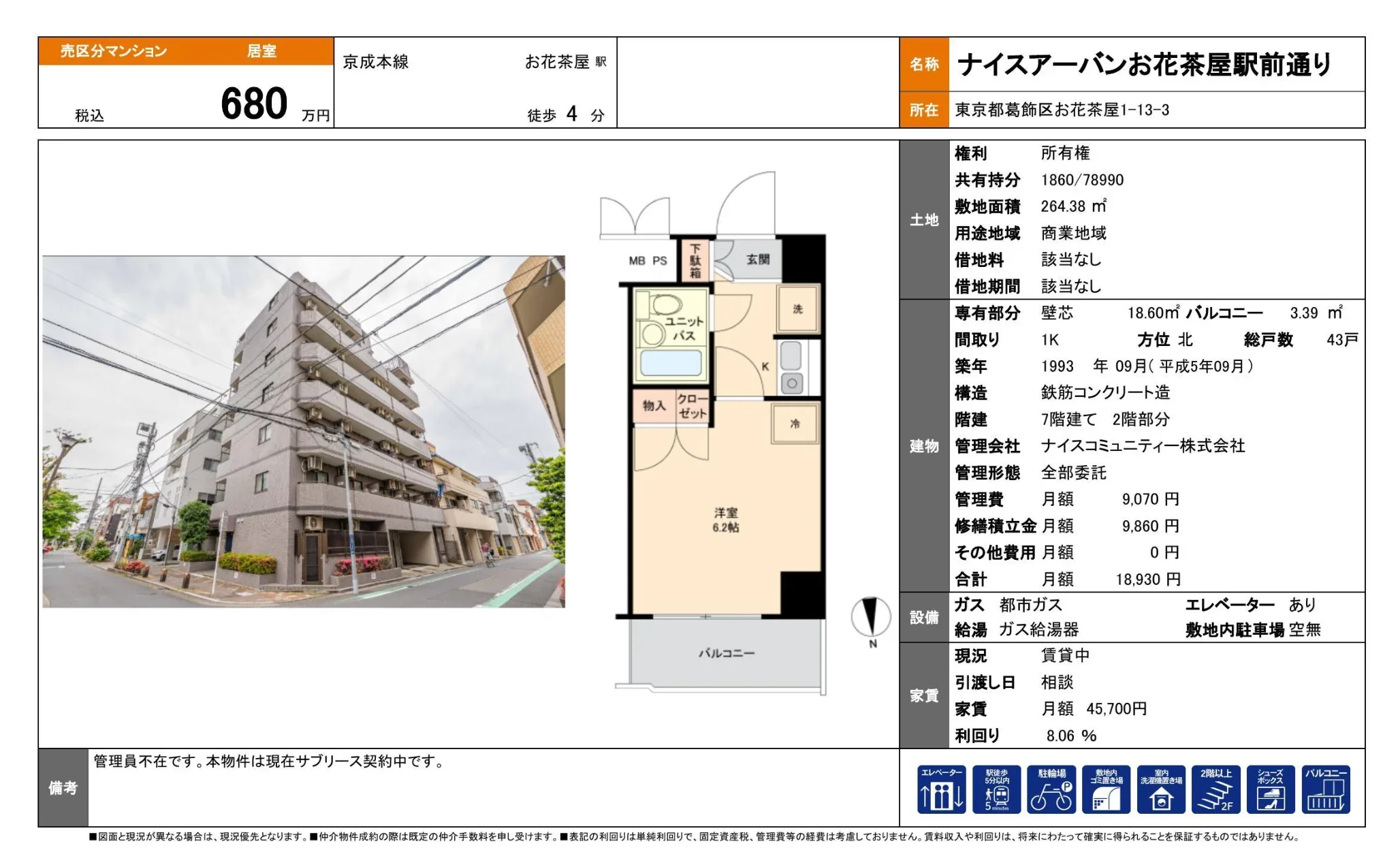 ナイスアーバンお花茶屋駅前通り 1K 0