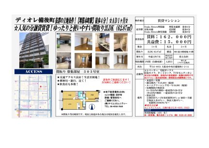 ディオレ備後町☆分譲賃貸☆広々２ＬＤＫ☆広告１ヶ月！　