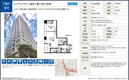 伊藤忠レジディアタワー麻布十番 (1001号室) 1001号 0