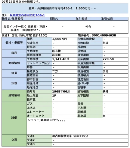 加西インター近く　売倉庫・車庫・事務所・休憩所付き 0