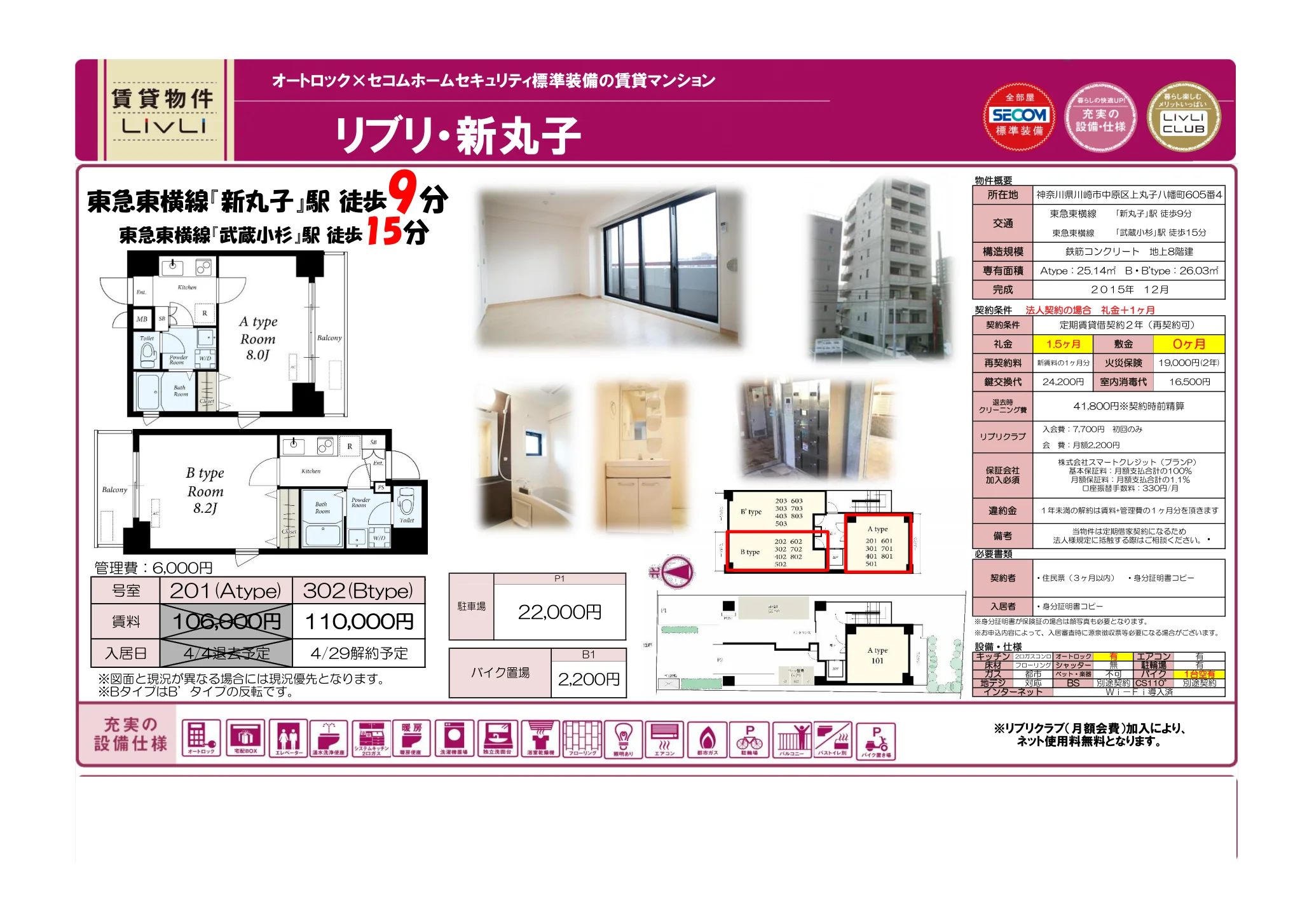 クラブリブリ・新丸子 201号 (Atype), 302号 (Btype) 0